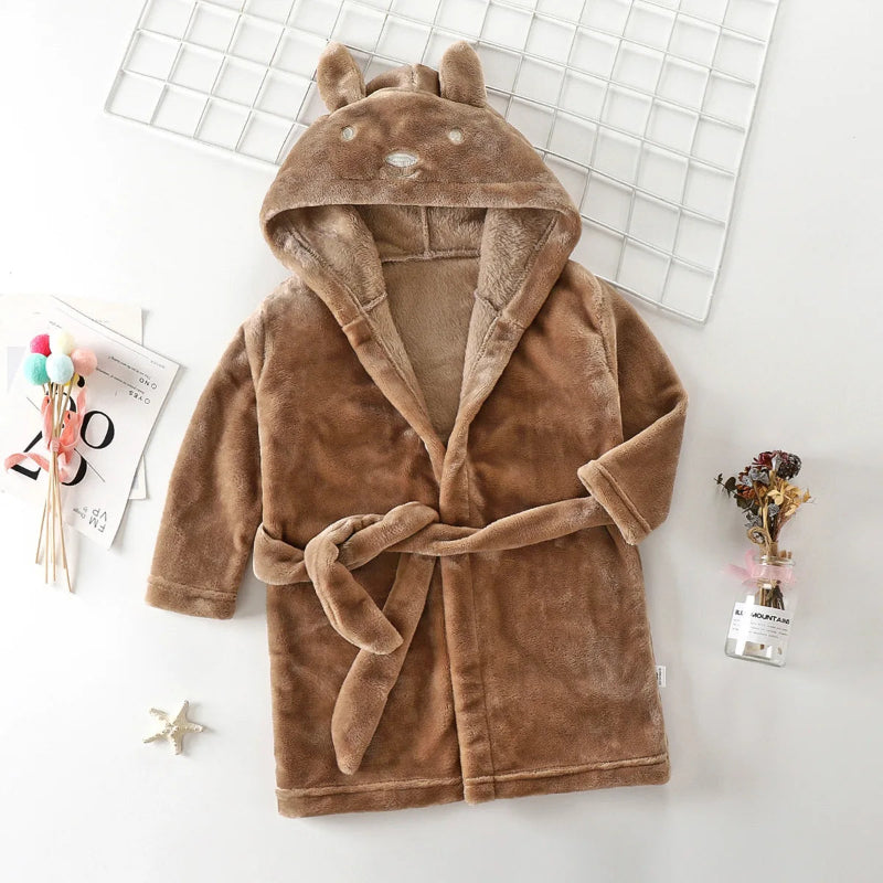 Peignoir de bain enfant personnalisé-coton-corail-capuche-motif-animal-manche-longue-mi-mollet-doux-confortable-moelleux-caupche-motif-animal-personnalisable-printemps-automne-hiver-marron