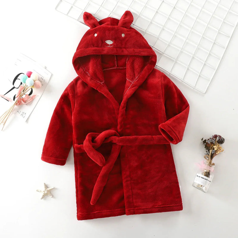 Peignoir de bain enfant personnalisé-coton-corail-capuche-motif-animal-manche-longue-mi-mollet-doux-confortable-moelleux-caupche-motif-animal-personnalisable-printemps-automne-hiver-rouge