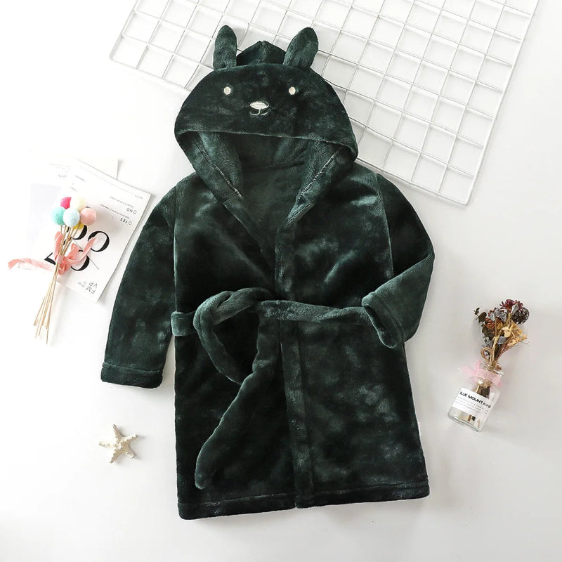 Peignoir de bain enfant personnalisé-coton-corail-capuche-motif-animal-manche-longue-mi-mollet-doux-confortable-moelleux-caupche-motif-animal-personnalisable-printemps-hiver-automne-vert