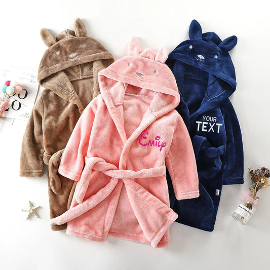 Peignoir de bain enfant personnalisé-coton-corail-capuche-motif-animal-manche-longue-mi-mollet-doux-confortable-moelleux-caupche-motif-animal-personnalisable-printemps-automne-hiver