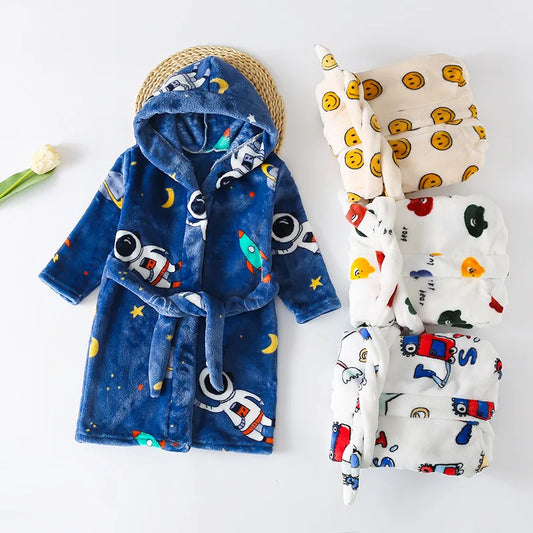 Peignoir de bain enfant petit bateau-coton-capuche-motif-dessin-anime-manche-longue-épais-mi-mollet-doux-confortable-moelleux-printemps-automne-hiver