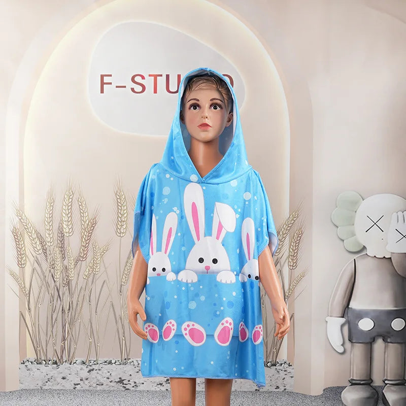 Peignoir de bain enfant turquoise-polyester-capuche-sans-manche-motif-floral-mi-cuisse-absorbant-moelleux-confortable-printemps-automne-ete-motif-dessin-anime-bleu
