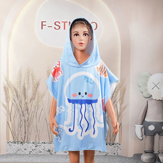 Peignoir de bain enfant turquoise-polyester-capuche-sans-manche-motif-floral-mi-cuisse-absorbant-moelleux-confortable-printemps-automne-ete-motif-dessin-bleu
