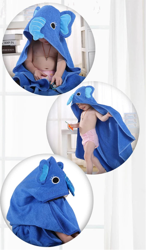 Peignoir de bain enfants coton-coton-polyester-motif-dessin-anime-capuche-forme-animale-moelleux-doux-absorbant-confortable-printemps-automne-été-bleu