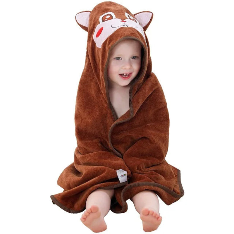 Peignoir de bain enfants coton-coton-polyester-motif-dessin-anime-capuche-forme-animale-moelleux-doux-absorbant-confortable-printemps-été-automne-blanc-marron