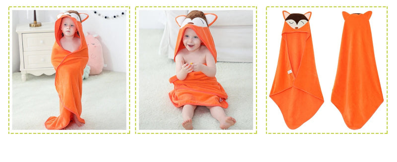 Peignoir de bain enfants coton-coton-polyester-motif-dessin-anime-capuche-forme-animale-moelleux-doux-absorbant-confortable-printemps-été-automne-orange