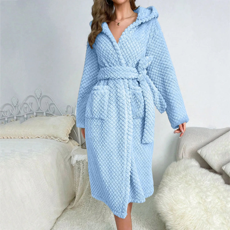 Peignoir de bain épais femme-velours-côtelé-polyester-capuche-manche-longue-mi-mollet-épais-moelleux-confortable-doux-printemps-automne-hiver-été-bleu-ciel
