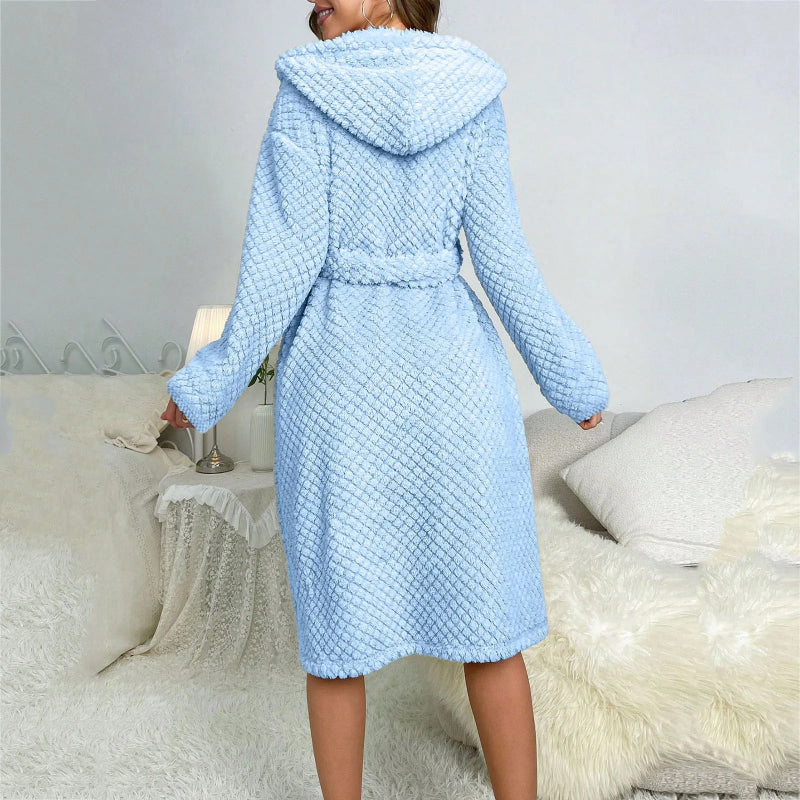 Peignoir de bain épais femme-velours-côtelé-polyester-capuche-manche-longue-mi-mollet-épais-moelleux-confortable-doux-printemps-automne-hiver-été-bleu