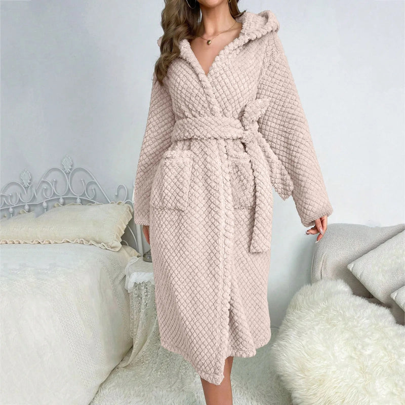 Peignoir de bain épais femme-velours-côtelé-polyester-capuche-manche-longue-mi-mollet-épais-moelleux-confortable-doux-printemps-automne-hiver-été-marron