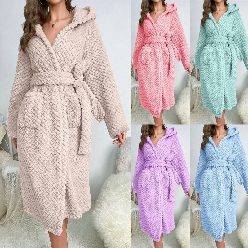 Peignoir de bain épais femme-velours-côtelé-polyester-capuche-manche-longue-mi-mollet-épais-moelleux-confortable-doux-printemps-automne-hiver-été