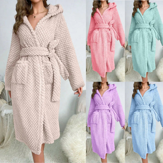 Peignoir de bain épais femme-velours-côtelé-polyester-capuche-manche-longue-mi-mollet-épais-moelleux-confortable-doux-printemps-automne-hiver-été