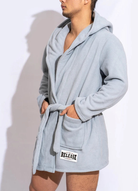 Peignoir de bain épais homme-polyester-épais-manche-longue-capuche-mi-cuisse-avec-culotte-motif-uni-doux-moelleux-confortable-printemps-automne-hiver-gris-clair