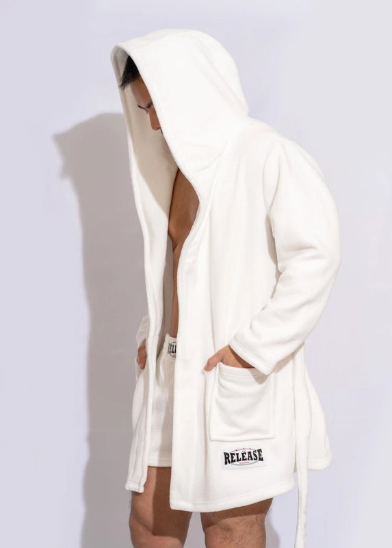 Peignoir de bain épais homme-polyester-épais-manche-longue-capuche-mi-cuisse-avec-culotte-motif-uni-doux-moelleux-confortable-printemps-hiver-automne-blanc