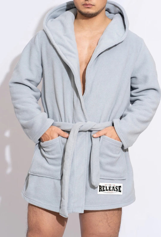Peignoir de bain épais homme-polyester-épais-manche-longue-capuche-mi-cuisse-avec-culotte-motif-uni-doux-moelleux-confortable-printemps-hiver-automne-gris-clair
