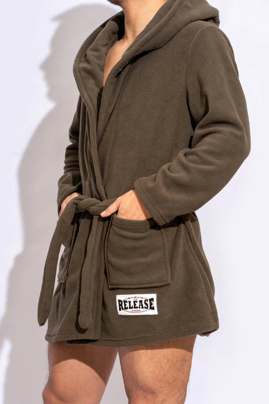 Peignoir de bain épais homme-polyester-épais-manche-longue-capuche-mi-cuisse-avec-culotte-motif-uni-doux-moelleux-confortable-printemps-hiver-automne-gris