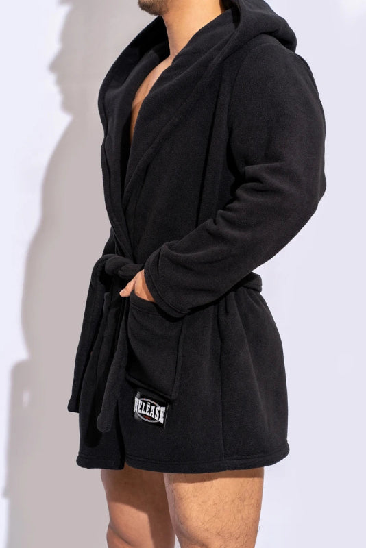 Peignoir de bain épais homme-polyester-épais-manche-longue-capuche-mi-cuisse-avec-culotte-motif-uni-doux-moelleux-confortable-printemps-hiver-automne-noir