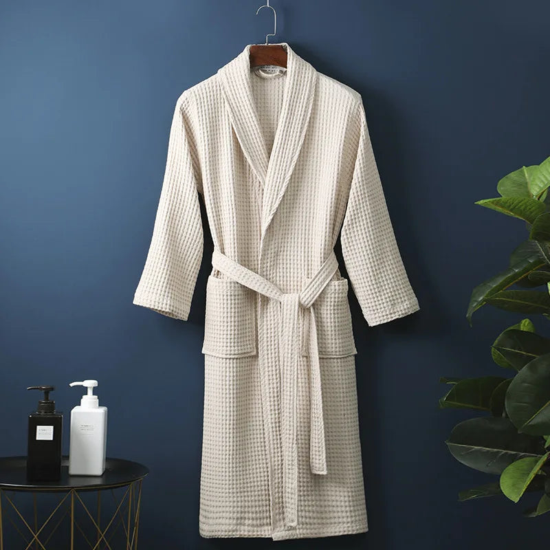 Peignoir de bain eponge-coton-manche-longue-epais-mi-mollet-moelleux-confortable-col-chale-doux-coupe-chinoise-printemps-automne-hiver-blanc