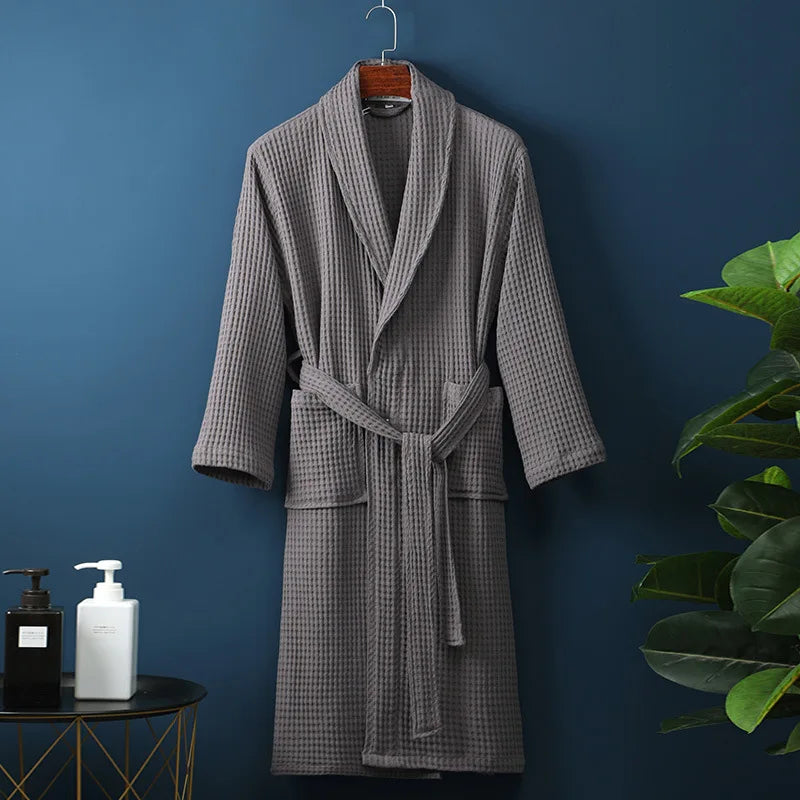 Peignoir de bain eponge-coton-manche-longue-epais-mi-mollet-moelleux-confortable-doux-coupe-chinoise-printemps-automne-hiver-gris