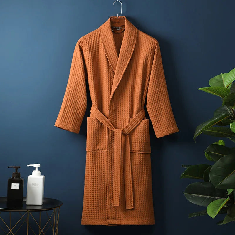 Peignoir de bain eponge-coton-manche-longue-epais-mi-mollet-moelleux-confortable-doux-coupe-chinoise-printemps-automne-hiver-orange