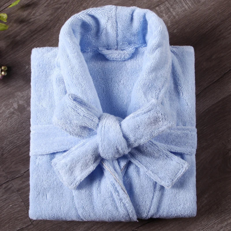 Peignoir de bain éponge ado fille-coton-eponge-moelleux-confortable-doux-manche-longue-epais-mi-mollet-bleu-ciel