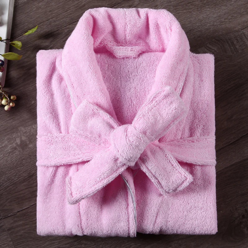 Peignoir de bain éponge ado fille-coton-éponge-moelleux-confortable-doux-manche-longue-épais-mi-mollet-rose