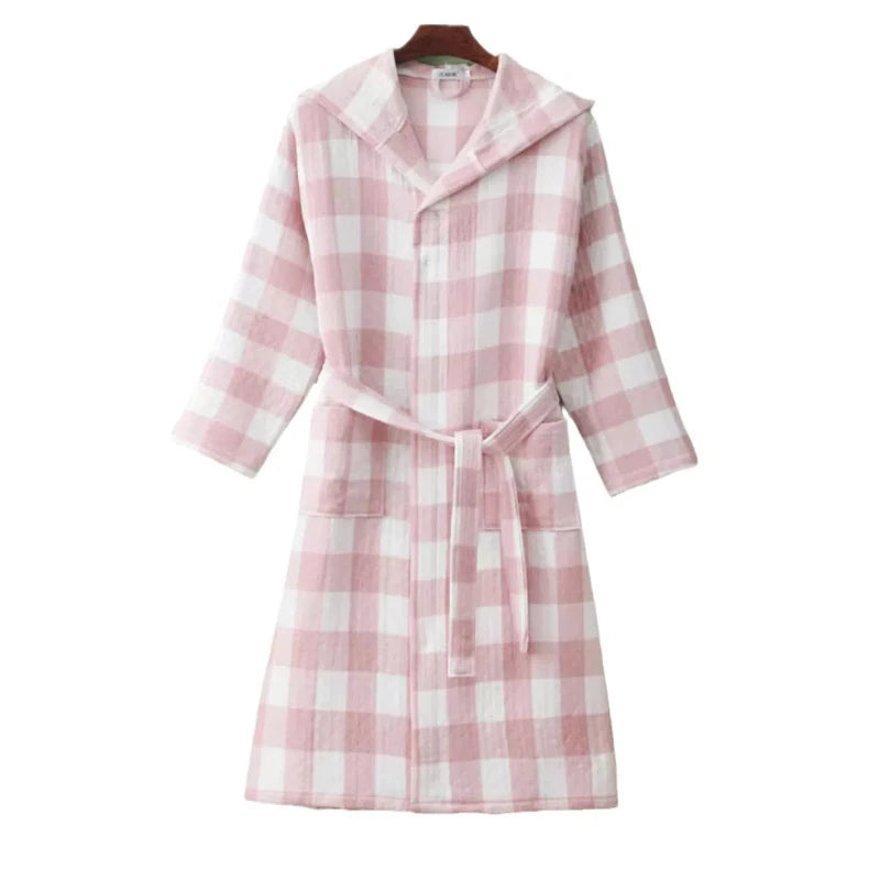 Peignoir de bain éponge ados-coton-motif-plaid-capuche-moelleux-confortable-doux-motif-gros-carreaux-printemps-automne-été-blanc-rose