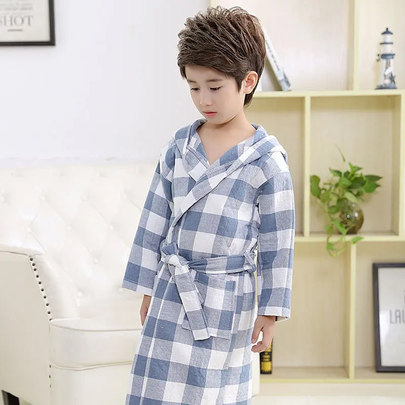 Peignoir de bain éponge ados-coton-motif-plaid-capuche-moelleux-confortable-doux-motif-gros-carreaux-printemps-automne-été-bleu-blanc