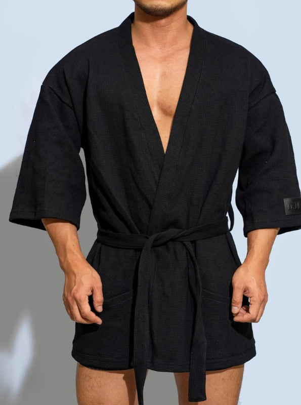 Peignoir_de_bain_eponge_bleu_court-eponge-coton-manche-trois-quarts-culotte-epaisseur-normale-col-chale-mi-cuisse-moelleux-confortable-absorbant-printemps-automne-noir