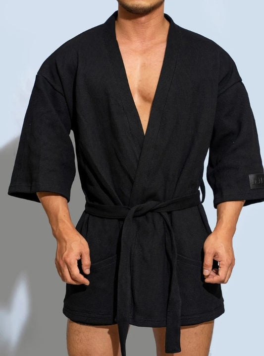 Peignoir_de_bain_eponge_bleu_court-eponge-coton-manche-trois-quarts-culotte-epaisseur-normale-col-chale-mi-cuisse-moelleux-confortable-absorbant-printemps-automne-noir