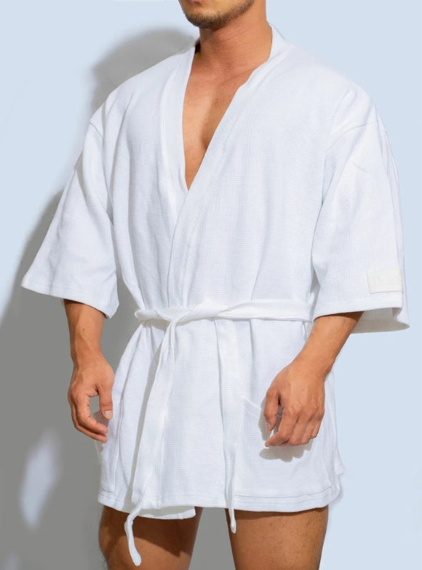 Peignoir_de_bain_eponge_bleu_court-eponge-coton-manche-trois-quarts-epaisseur-normale-col-chale-mi-cuisse-moelleux-confortable-absorbant-ete-printemps-automne-blanc
