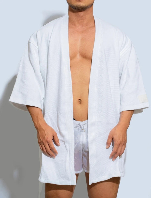 Peignoir_de_bain_eponge_bleu_court-eponge-coton-manche-trois-quarts-epaisseur-normale-col-chale-mi-cuisse-moelleux-confortable-absorbant-printemps-ete-automne-blanc