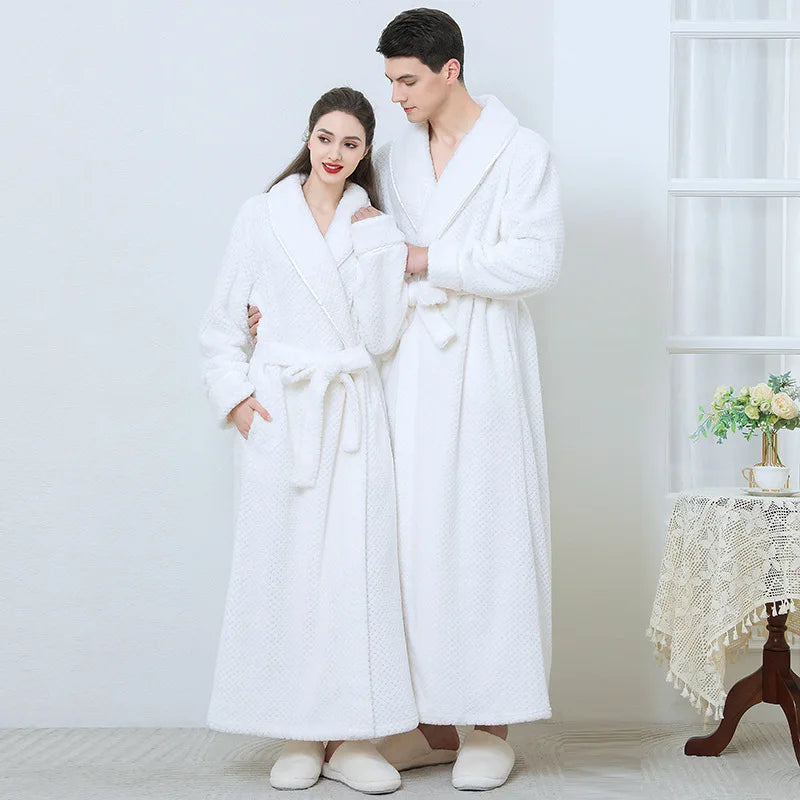 Peignoir de bain eponge bordeaux-flanelle-coton-peigne-col-chale-manche-longue-epais-longueur-cheville-moelleux-doux-confortable-printemps-atumone-hiver-blanc