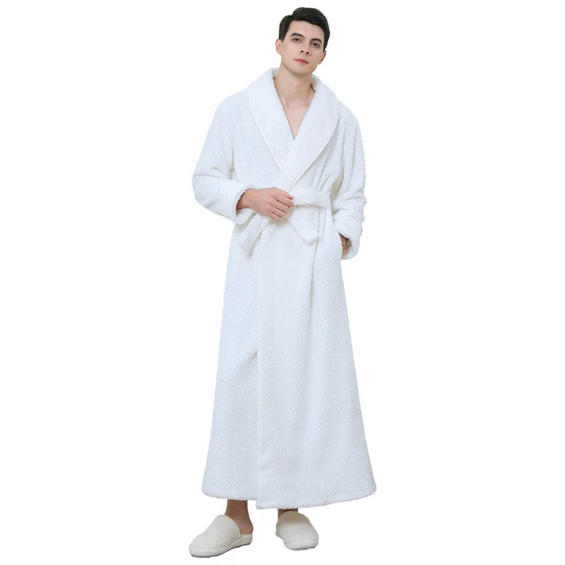 Peignoir de bain eponge bordeaux-flanelle-coton-peigne-col-chale-manche-longue-epais-longueur-cheville-moelleux-doux-confortable-printemps-hiver-autumone-blanc