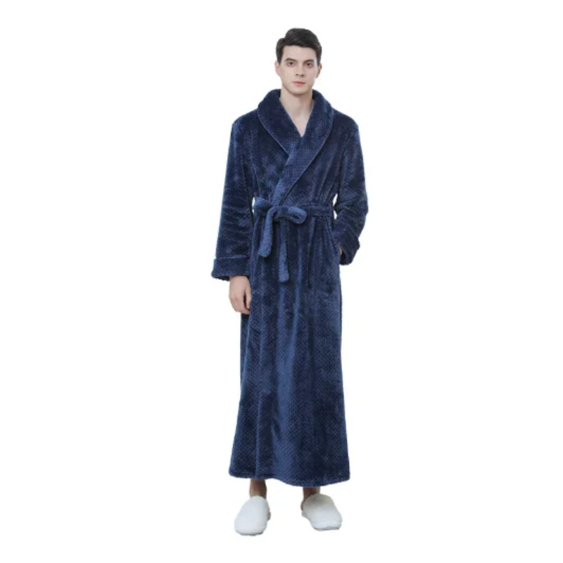 Peignoir de bain eponge bordeaux-flanelle-coton-peigne-col-chale-manche-longue-epais-longueur-cheville-moelleux-doux-confortable-printemps-hiver-autumone-bleu-marine