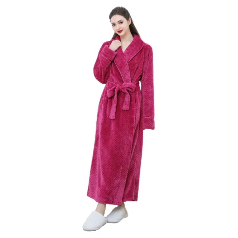 Peignoir de bain eponge bordeaux-flanelle-coton-peigne-col-chale-manche-longue-epais-longueur-cheville-moelleux-doux-confortable-printemps-hiver-autumone-bordeaux-femme