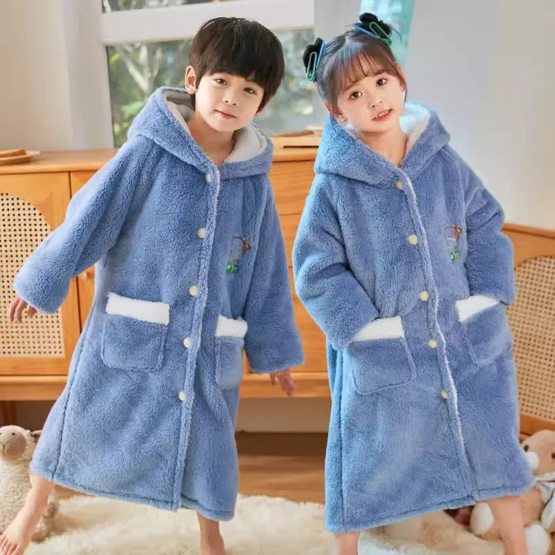 Peignoir de bain eponge boutons enfant-flanelle-eponge-coton-boutonne-capuche-manche-longue-epais-mi-mollet-moelleux-confortable-printemps-automne-hiver-blanc-bleu