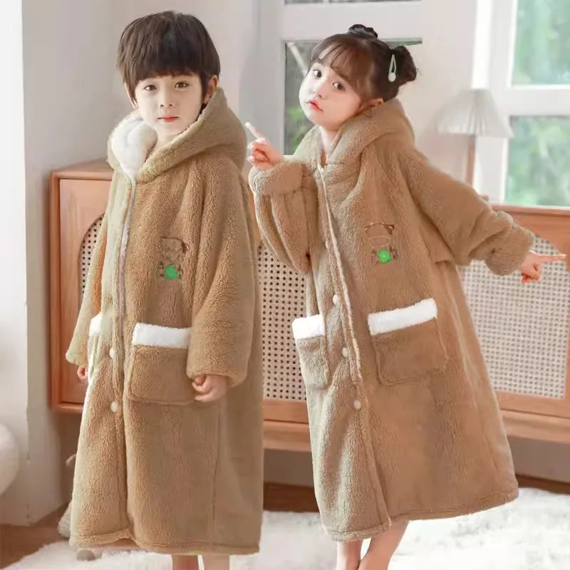 Peignoir de bain eponge boutons enfant-flanelle-eponge-coton-boutonne-capuche-manche-longue-epais-mi-mollet-moelleux-confortable-printemps-automne-hiver-blanc-marron