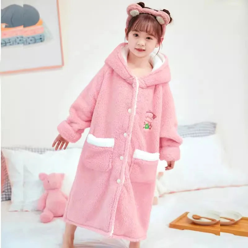 Peignoir de bain eponge boutons enfant-flanelle-eponge-coton-boutonne-capuche-manche-longue-epais-mi-mollet-moelleux-confortable-printemps-automne-hiver-blanc-rose