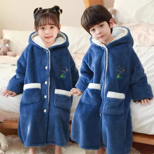 Peignoir de bain eponge boutons enfant-flanelle-eponge-coton-boutonne-capuche-manche-longue-epais-mi-mollet-moelleux-confortable-printemps-automne-hiver-bleu-blanc