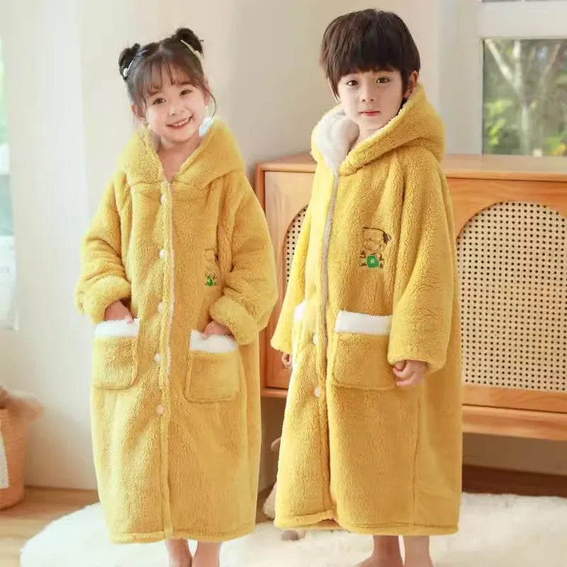 Peignoir de bain eponge boutons enfant-flanelle-eponge-coton-boutonne-capuche-manche-longue-epais-mi-mollet-moelleux-confortable-printemps-automne-hiver-jaune-blanc