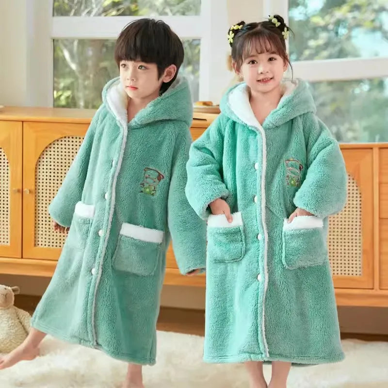 Peignoir de bain eponge boutons enfant-flanelle-eponge-coton-boutonne-capuche-manche-longue-epais-mi-mollet-moelleux-confortable-printemps-automne-hiver-vert-blanc