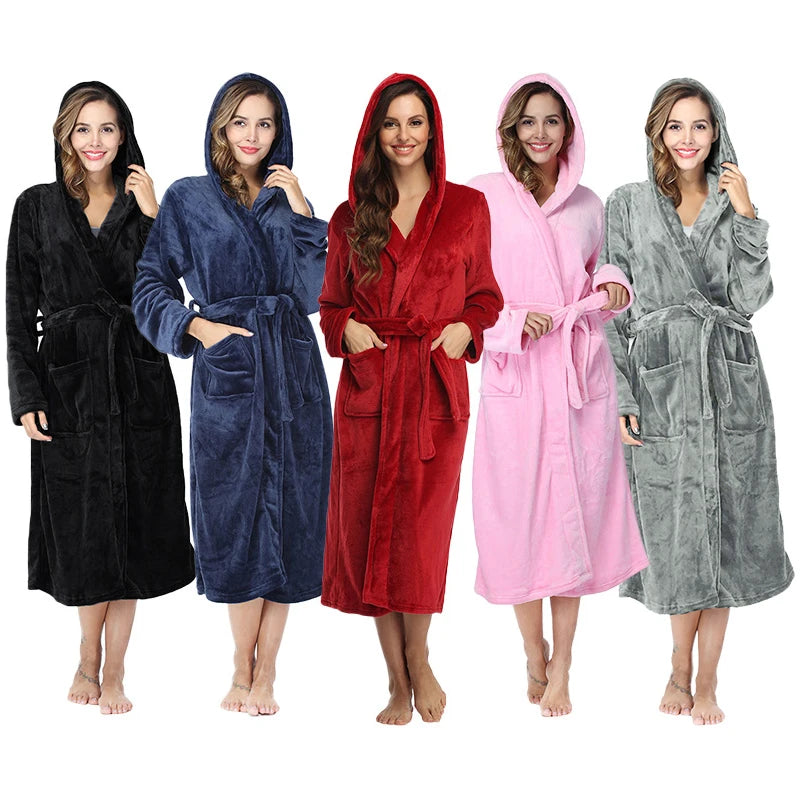 Peignoir de bain eponge femme coton bio-coton-flanelle-polyester-capuche-manche-longue-epais-mi-mollet-moelleux-confortable-absorbant-printemps-automne-hiver