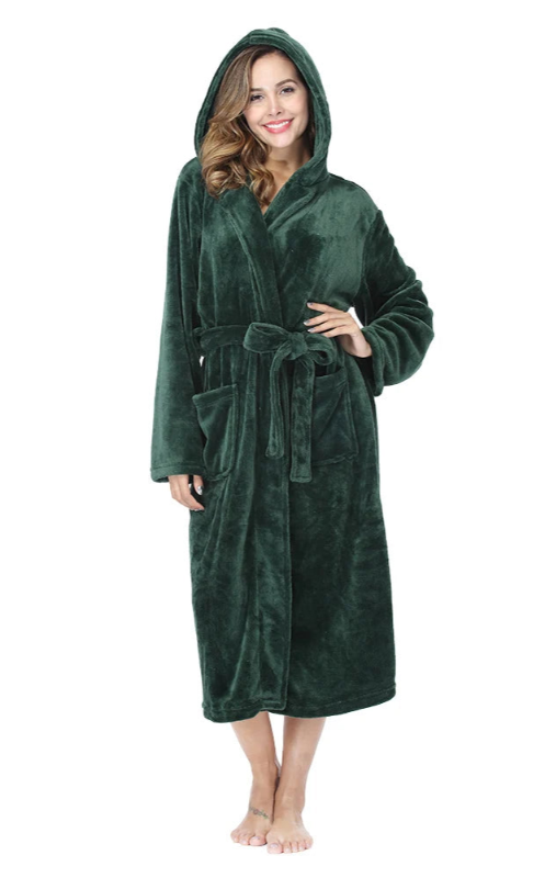 Peignoir_de_bain_eponge_femme_coton_bio-coton-flanelle-polyester-capuche-manche-longue-epais-mi-mollet-moelleux-confortable-hiver-absorbant-printemps-automne-vert-fonce