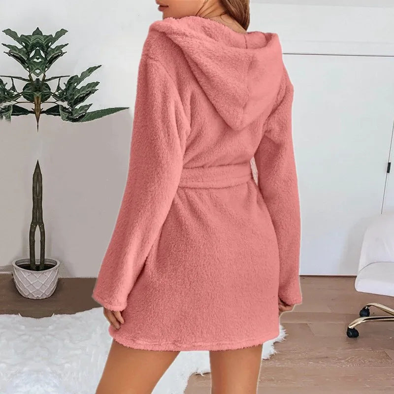 Peignoir_de_bain_eponge_femme_court-flanelle-eponge-capuche-manche-longue-moelleux-confortable-absorbant-mi-cuisse-printemps-automne-ete-hiver-rose