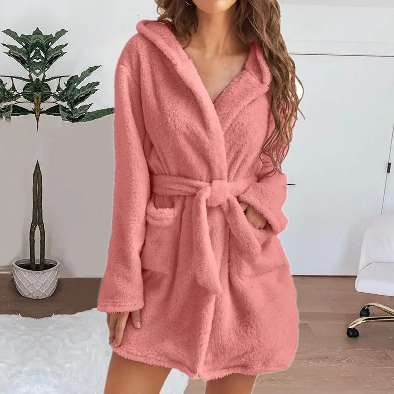 Peignoir_de_bain_eponge_femme_court-flanelle-eponge-capuche-manche-longue-moelleux-confortable-absorbant-mi-cuisse-printemps-automne-hiver-ete-rose