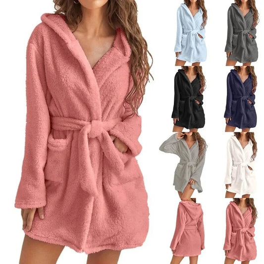 Peignoir de bain eponge femme court-flanelle-eponge-capuche-manche-longue-moelleux-confortable-absorbant-mi-cuisse-printemps-automne-hiver-ete