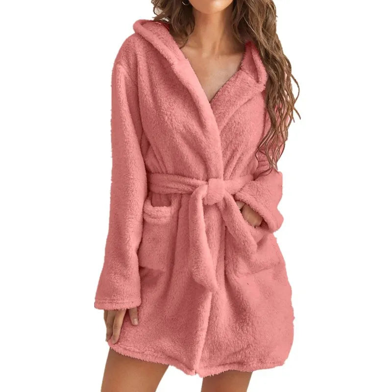Peignoir_de_bain_eponge_femme_court-flanelle-eponge-capuche-manche-longue-moelleux-confortable-absorbant-mi-cuisse-printemps-ete-automne-hiver-rose