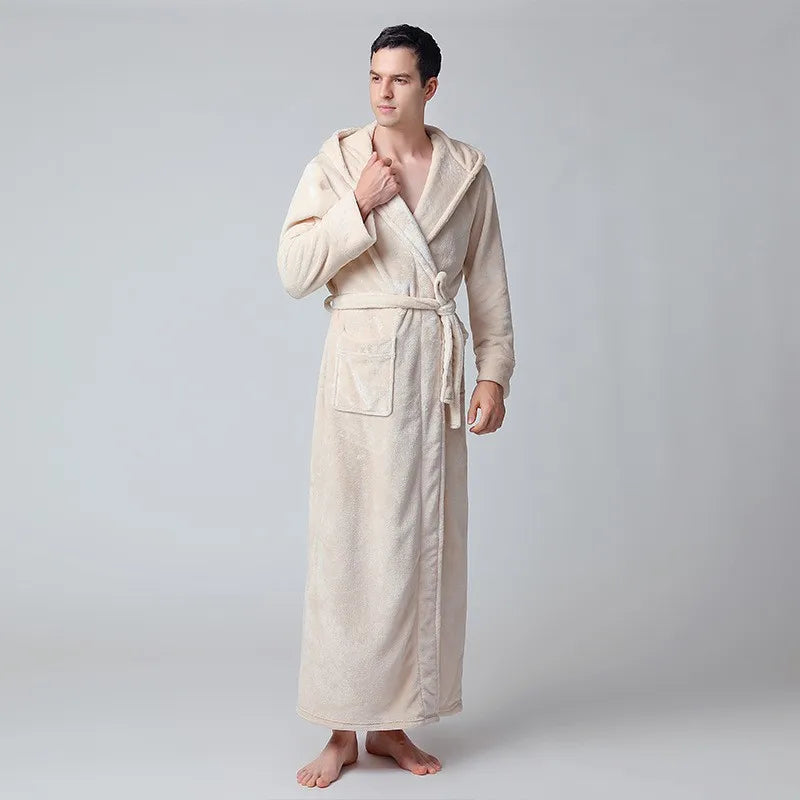 Peignoir de bain eponge homme avec capuche-coton-capuche-manche-longue-epais-longueur-cheville-moelleux-confortable-capuche-doux-absorbant-printemps-automne-hiver-beige
