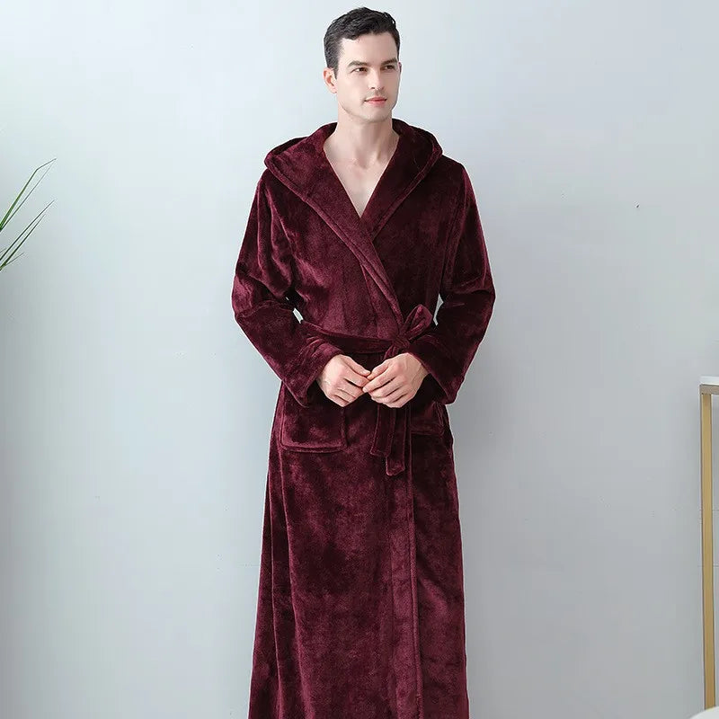 Peignoir de bain eponge homme avec capuche-coton-capuche-manche-longue-epais-longueur-cheville-moelleux-confortable-capuche-doux-absorbant-printemps-automne-hiver-bordeaux