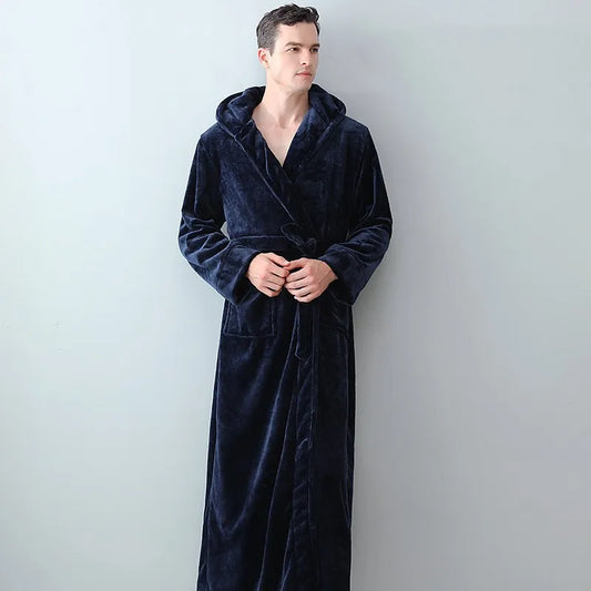 Peignoir de bain eponge homme avec capuche-coton-capuche-manche-longue-epais-longueur-cheville-moelleux-confortable-doux-absorbant-printemps-automne-hiver-bleu-marine